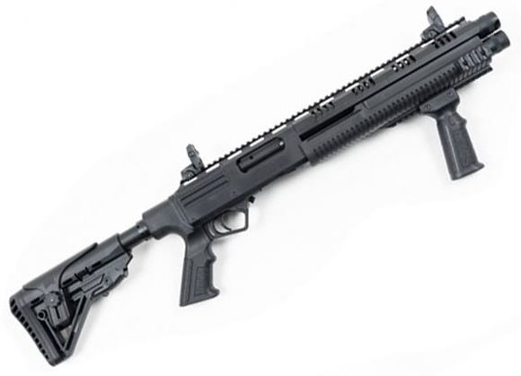 Picture of Hunt Group MH12 Double Barrel Pump Action Shotgun - 12Ga, 3", 14", Black Receiver, Side & Top Rail Mount, M4 Stock, 2x5rds, Flip Up Sights, Two Sets of Mobil Chokes (F,IM, M, IC, SK), Hard Case