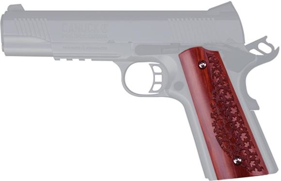 Picture of Canuck Handgun Accessories, Grips - Wood Maple Leaf Grips, Reddish Stain, Fits 1911 Style Grips