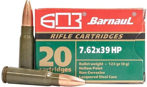 Picture of BarnauL Rifle Ammo - 7.62x39mm, 123Gr, HP, Lacquered Steel Case, Non-Corrosive, 20rds Box