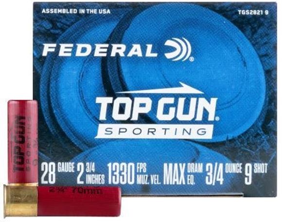 Picture of Federal Top Gun Sporting Clay Shotgun Ammo - 28ga, 2-3/4, Max DE, 3/4 oz., #9, 25rds Box
