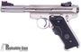 Picture of Used Ruger Mark III Hunter Stainless Fluted Rimfire Semi-Auto Pistol - 22 LR, 4.25" Fluted Bull Barrel, Stainless Steel, Crimson Trace Laser Grips, 2 Magazines, Fiber Optic Front & Adjustable Rear Sights, Original Box, Very Good Condition