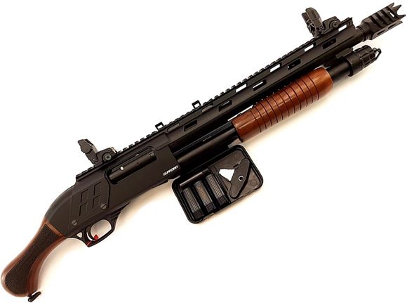 Picture of Lazer Arms Guardian TW Pump Action Shotgun - 12Ga, 3", 14", Black Receiver, Heat Shield, Top Rail, Side Shell Holder, Wood Birdshead Stock, 4+1rds, Flip Up Sights, Muzzle Brake, Chokes (F,IM, M, IC, SK)