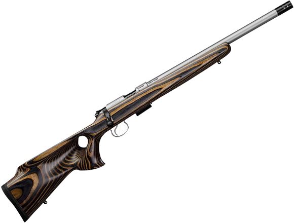Picture of CZ 455 Thumbhole Rimfire Bolt Action Rifle - 17 HMR, 16", Stainless, Heavy Barrel, Muzzle Brake, Brown Laminated Wood Thumbhole Stock, 5rds, Adjustable Trigger