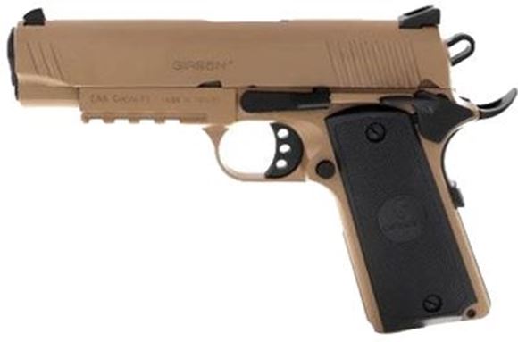 Picture of Girsan MC 1911 Semi-Auto Pistol - 45 ACP, 4.25", FDE, Picatinny Rail, Extended Beavertail, Black Checkered Grips, Ambidextrous Safety, White Dot Combat Sights, 2x8rds