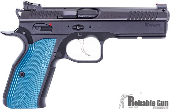 Picture of Used CZ Shadow 2 Black/Blue Semi Auto DA/SA Pistol - 9mm Luger, Adjustable Sights, 3 Magazines, Black w/ Blue Grips, Original Box, Excellent Condition