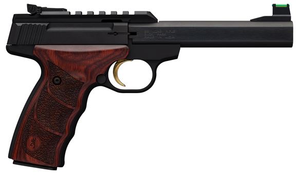 Picture of Browning Buck Mark Plus Rosewood UDX Semi-Auto Rimfire Pistol - 22 LR, 5.5", Polished Flats Matte Black Receiver & Barrel, Rosewood Grips, 10rds, TruGlo Fiber Optic Front & White Outline Pro-Target Rear Sight