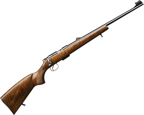 Picture of CZ 455 LUX Rimfire Bolt Action Rifle - 17 HMR, 20", Walnut Wood Stock w/ Grip Checkering, Blued, 5rds, Adjustable Sight, Adjustable Trigger