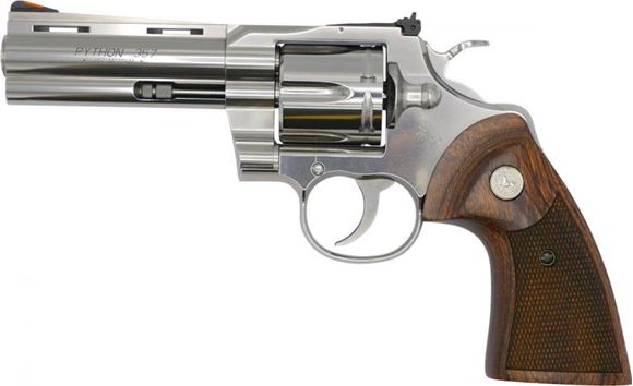 Picture of Colt Python SA/DA Revolver - 357 Mag, 4.25" Barrel, Stainless Steel, Walnut Target Grips, 6rds