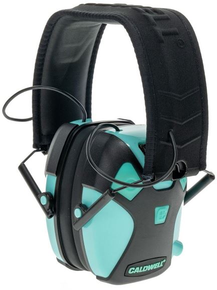 Picture of Caldwell Shooting Supplies Hearing & Eye Protection - E-Max Pro Electronic Earmuffs, 23dB NRR, Auto Shutoff, Illuminated On/Off Button, Stereo Audio Input, Dual Microphone Directions, x3 AAA Batteries (Included), Aqua Green Color