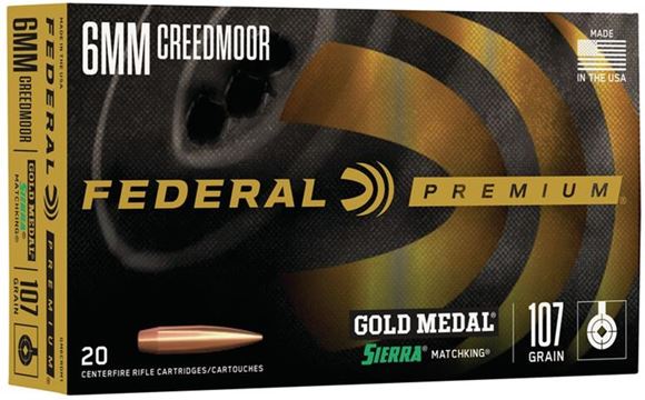 Picture of Federal Premium Gold Medal Sierra Rifle Ammo - 6mm Creedmoor, 107Gr, Gold Medal Sierra Matchking, 20rds Box, 3000fps