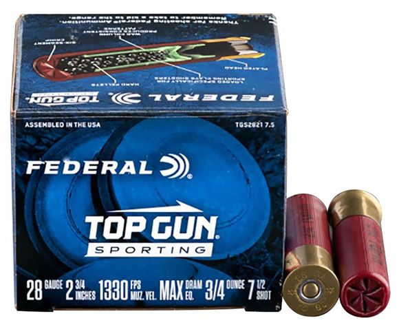 Picture of Federal Top Gun Sporting Clay Shotgun Ammo - 28ga, 2-3/4, Max DE, 3/4 oz., #7.5, 250rds Case