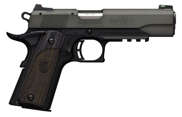 Picture of Browning 1911-22 Black Label Gray with Rail Rimfire Single Action Semi-Auto Pistol - 22 LR, 4-1/4",Gray Anodized Finish Brush Polished Flats Machined Aluminum Slide, Black Composite Frame w/ Checkered Front Strap, 10rds, Combat Fiber Optic Sights