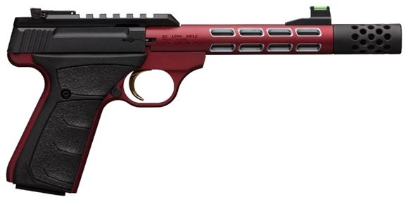 Picture of Browning Buck Mark Plus Vision Rimfire Semi-Auto Pistol - 22 LR, 5-7/8", Anodized Red, Lateral Barrel Sleeve Cuts, UFX Overmolded Grips, 10rds, White Outline Pro Rear Sight & Truglo Fiber Optic Front Sight, Threaded Muzzle, Picatinny Rail