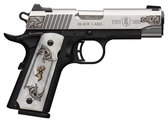 Picture of Browning 1911-380 Black Label Medallion Stainless  Engraved SA Semi-Auto Pistol - 380 ACP, 4-1/4", Stainless Finish w/ Engraved Slide, Matte Black Composite Frame, Plastic White Pearl Engraved Grips, 2x8rds, Combat White Dot Sights