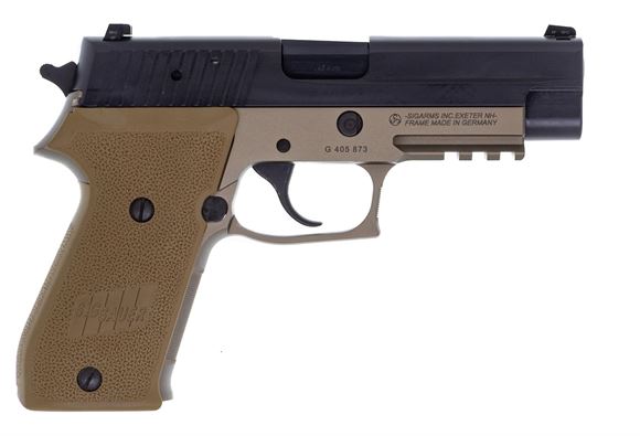 Picture of Used Sig Sauer P220 Combat Semi-Auto 45 ACP, Black/FDE, Night Sights, With 2 Mags & Original Case, Very Good Condition