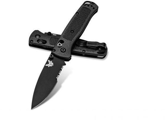 Picture of Benchmade Knife Company, Knives - Bugout, AXIS Mechanism, 3.24" S30V Blade w/ Serrations (Black Cerakote), Black Grivory Handle, Mini Deep Carry Reversable Clip, Drop-Point, Plain Edge w/ Serrated Section, Lanyard Hole, Weight: 1.85oz. (52.45g)