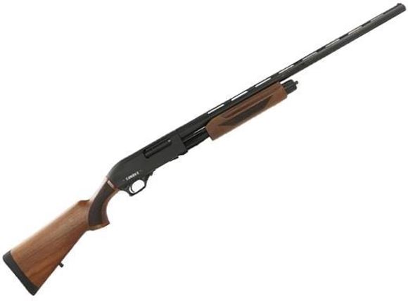 Picture of Canuck Pioneer Pump Action Shotgun - 12ga, 3", 28", Chrome Lined, Vented Rib, Fiber Optic Front Sight, Wood Stock, 4rds, Mobil Choke Flush (F,M,IC)