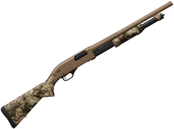 Picture of Winchester SXP MOETB Defender Pump Action Shotgun - 12Ga, 3", 18" FDE Permacote Finish, Chrome Plated Chamber & Bore, Alloy Receiver, Mossy Oak Elements Terra Bayou Camo Composite Stock, 5rds, Fiber Optic Front Sight, Cylinder