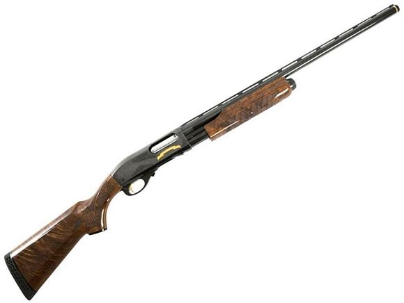 Picture of Remington Model 870 200th Anniversary Limited Edition Pump Action Shotgun - 12Ga, 3", 26", Vented Rib, High Gloss Blued, Engraved 24 Karat Gold Inlay Receiver, C-Grade Walnut Stock w/Fleur de Lis Checkering & Medallion in Grip, 4rds, Twin Bead Sights, Re