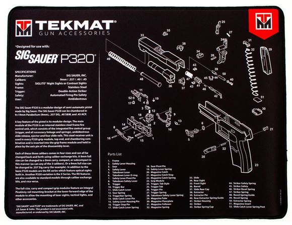 Picture of Tekmat Ultra 20, Sig Sauer P320 Gunsmith's Bench Mat - Extra Thick Black Neoprene, with Exploded Parts View, 15"x20"