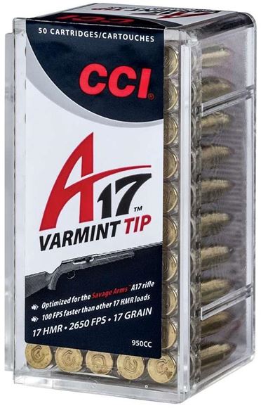 Picture of CCI Varmint Tip Rimfire Ammo - 17 HMR, 17Gr, Optimized for A17 Savage, 500rds Brick, 2650fps