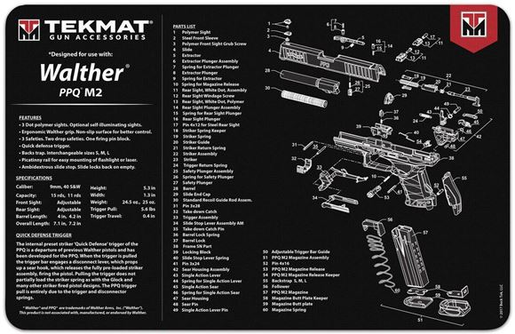 Picture of Tekmat, Walther PPQ Bench Mat - Extra Thick Black Neoprene, with Exploded Parts View, 11"x17"