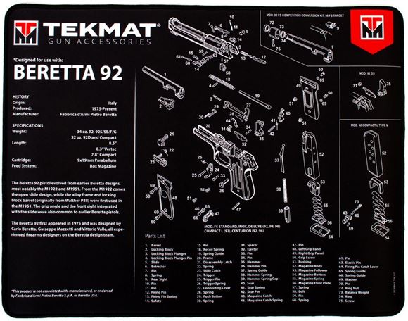 Picture of Tekmat Ultra 20, Beretta 92 Gunsmith's Bench Mat - Extra Thick Black Neoprene, with Exploded Parts View, 15"x20"