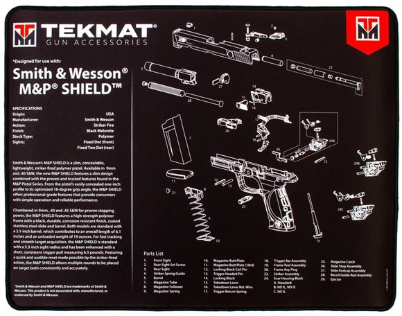 Picture of Tekmat Ultra 20, S&W M&P 2.0 Gunsmith's Bench Mat - Extra Thick Black Neoprene, with Exploded Parts View, 15"x20"