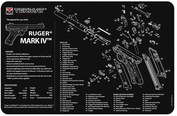 Picture of Tekmat, Ruger MK4 Bench Mat - Extra Thick Black Neoprene, with Exploded Parts View, 11"x17"