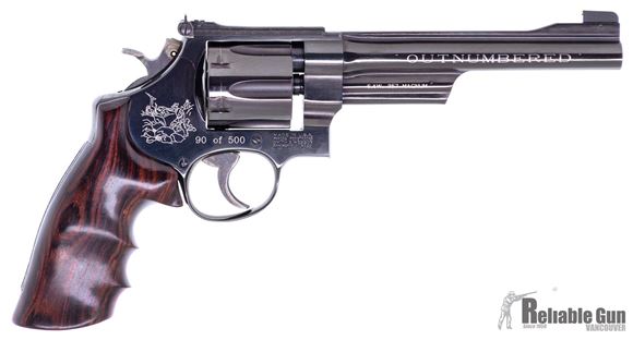Picture of Pre Owned Unfired Smith & Wesson (S&W) Model 27-5 (1990 Year)''OUTNUMBERED'' DA/SA Revolver Model 100999 - 357 Mag, 6-1/2", Blued, Wood Grip, Counter Bored Cylinder, Adj Rear Partridge Front Sight, 90 of 500 (Only 266 Completed)  Hunting Scene Laser Engr