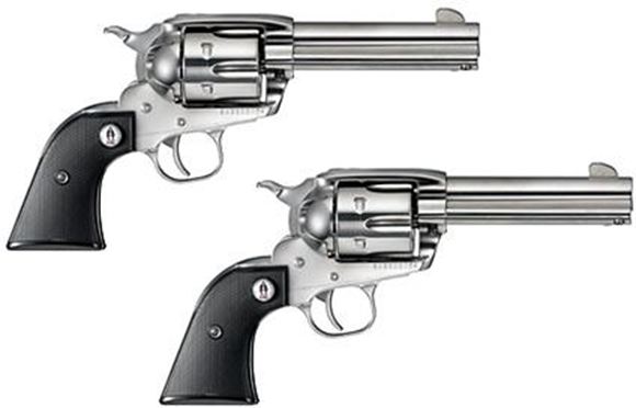 Picture of Ruger Vaquero SASS Single Action Revolvers - 357 Mag, 4-5/8", 1:16" RH, High-Gloss Stainless, Stainless Steel, Black Checkered Grips w/ SASS Logo, 6rds, Fixed Sights, Sequential Pair
