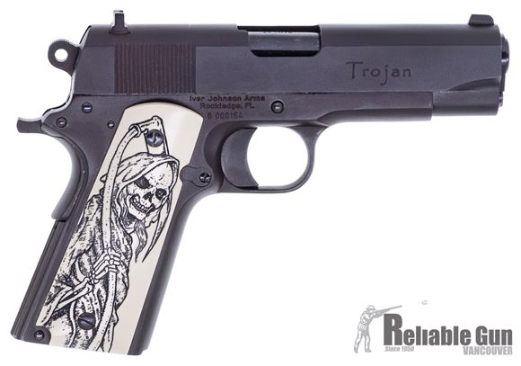 Picture of Used Iver Johnson 1911 Trojan Single Action Semi-Auto Pistol - 45 ACP, 4.25", Matte Blued, Fixed Post Front and Dovetail Rear Sights, 1 Magazine, Reaper Ivory Grips, Original Box, Excellent Condition