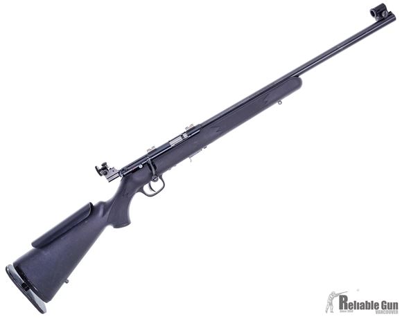 Picture of Used Savage Arms Mark II FVT Rimfire Bolt Action Rifle - 22 LR, 21", Satin Blued Carbon Steel, Matte Black Synthetic Stock, Single Shot, Peep-Sight, AccuTrigger, Custom Buttstock Cheek Piece, 2 Magazines, Good Condition