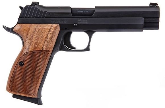 Picture of Sig Sauer P210 Standard Target Single Action Semi Auto Pistol - 9mm Luger, 5", Black, 2x8rds, Walnut Target Grip, Fixed Contrast Sights
