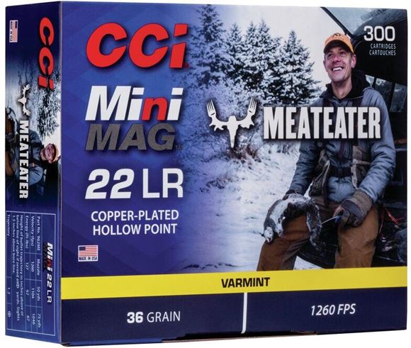Picture of CCI Varmint Rimfire Ammo - Meat Eater Mini-Mag, 22 LR, 36Gr, Copper-Plated HP, 3000rds Case, 1260fps