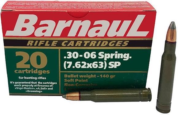 Picture of BarnauL Rifle Ammo - 30-06 Sprg (7.62x63mm), 140Gr, Soft Point, Brass Plated Steel Case, Non-Corrosive, 500rds Case
