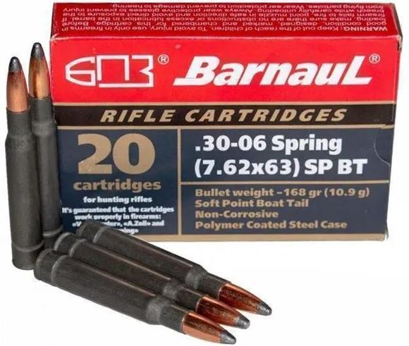 Picture of BarnauL Rifle Ammo - 30-06 Sprg (7.62x63mm), 168Gr, Soft Point, Zinc Plated Steel Case, Non-Corrosive, 500rds Case