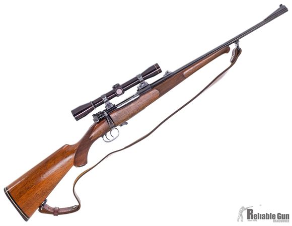 Picture of Used Custom Mauser 8x57 JS Bolt Action Rifle, 20'' Barrel w/Sights, Walnut Stock, Double Set Trigger, Engraved Floor Plate, Built off a K98 Action (With Original Eagles), Low Scope Safety on Bolt, Butter Knife Bolt Handle, Claw Mount Detachable Leupold M