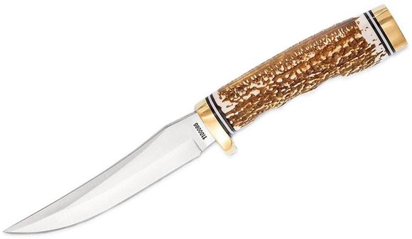 Picture of Schrade Hunting Fixed Knives - Uncle Henry Golden Spike, 5", 7Cr17 High Carbon Stainless Steel, Clip Point Blade, Stagalon Handle, Leather Sheath