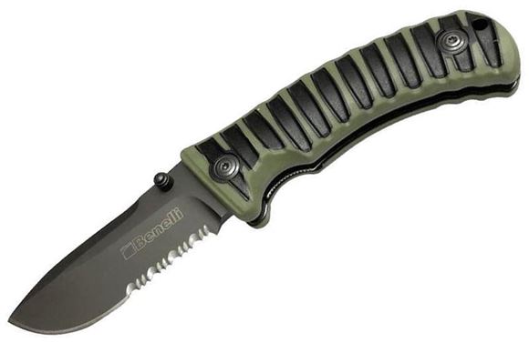 Picture of Benelli Folding Knife - Ribbed Green & Black Grip, Partially Serrated