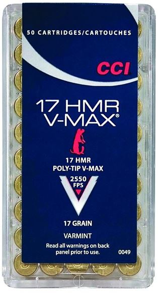 CCI Varmint Rimfire Ammo - V-MAX, 17 HMR, 17Gr, Poly-Tip V-Max, 50rds Box, 2550fps