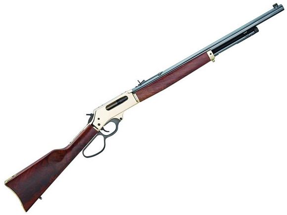 Picture of Henry Brass Lever Action Rifle - 45-70 Govt, 22", Octagon Blued Steel, 1:20 Twist, Polished Brass Receiver, American Walnut Stock, 4rds, Fully Adj. Semi-Buckhorn w/ Diamond Insert