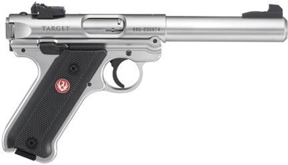 Picture of Ruger Semi Auto Rimfire Pistol - Mark IV Target, 22LR, 5.5" BBL, 1:16" RH, Satin Stainless, Checkered Synthetic Grips, 10rds, Adjustable Rear Sights.