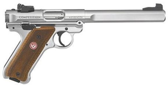 Picture of Ruger Semi Auto  Rimfire Pistol - Mark IV Competition, 22LR, 6.88" BBL, 1:16" RH, Satin Stainless Steel, Checkered Laminate w/ Thumbrest Grips, 10rds, Adjustable Rear Sights