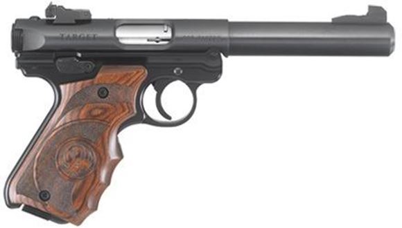 Picture of Ruger Semi Auto Rimfire Pistol - Mark IV Target, 22LR, 5.5" BBL, 1:16" RH, Blued, Laminate Target Grips, 2x 10rds Magazines, Adjustable Rear Sights