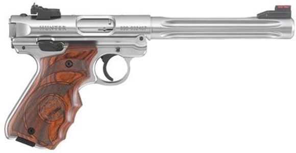 Picture of Ruger Semi Auto  Rimfire Pistol - Mark IV Hunter, 22LR, 6.88" BBL, 1:16" RH, Stainless Steel, Laminate Finger Groove, Grips 10rds, Adjustable Rear Sights