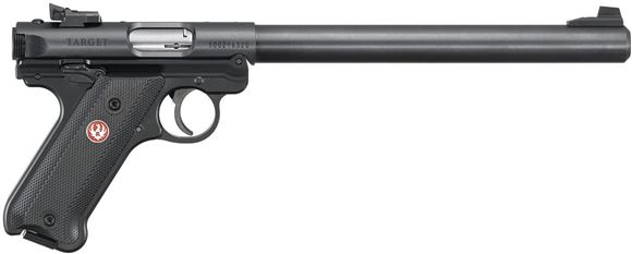 Picture of Ruger Mark IV Target Semi Auto Rimfire Pistol - 22LR, 10", Blued, Black Plastic Grips w/ Ruger Logo, 2x10rds, Adjustable Rear Sights