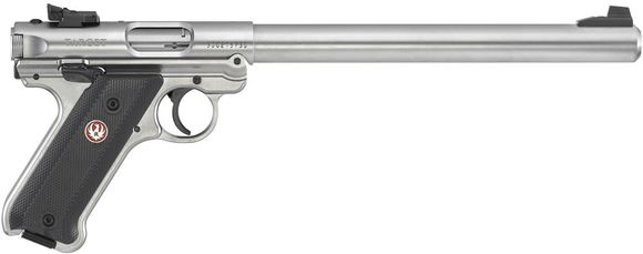 Picture of Ruger Mark IV Target Semi Auto Rimfire Pistol - 22LR, 10", Stainless Steel, Black Plastic Grips w/ Ruger Logo, 2x10rds, Adjustable Rear Sights