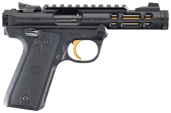 Picture of Ruger Mark IV 22/45 Lite Rimfire Semi-Auto Pistol - 22 LR, 4.4", Threaded, Black Anodized, Gold Barrel & Trigger, Polymer Frame, Checkered 1911-style Grip, 10rds, Fixed Front & Adjustable Rear Sights, Optic Rail