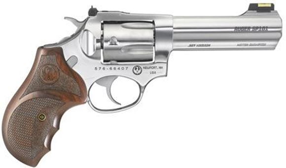 Picture of Ruger SP101 Match DA/SA Revolver - 357 Mag, 4.20", Gloss Stainless, Stainless Steel, Altamont Stippled/Checkered Hardwood Grips, 5rds, Fiber Optic Front & Adjustable Rear Sights